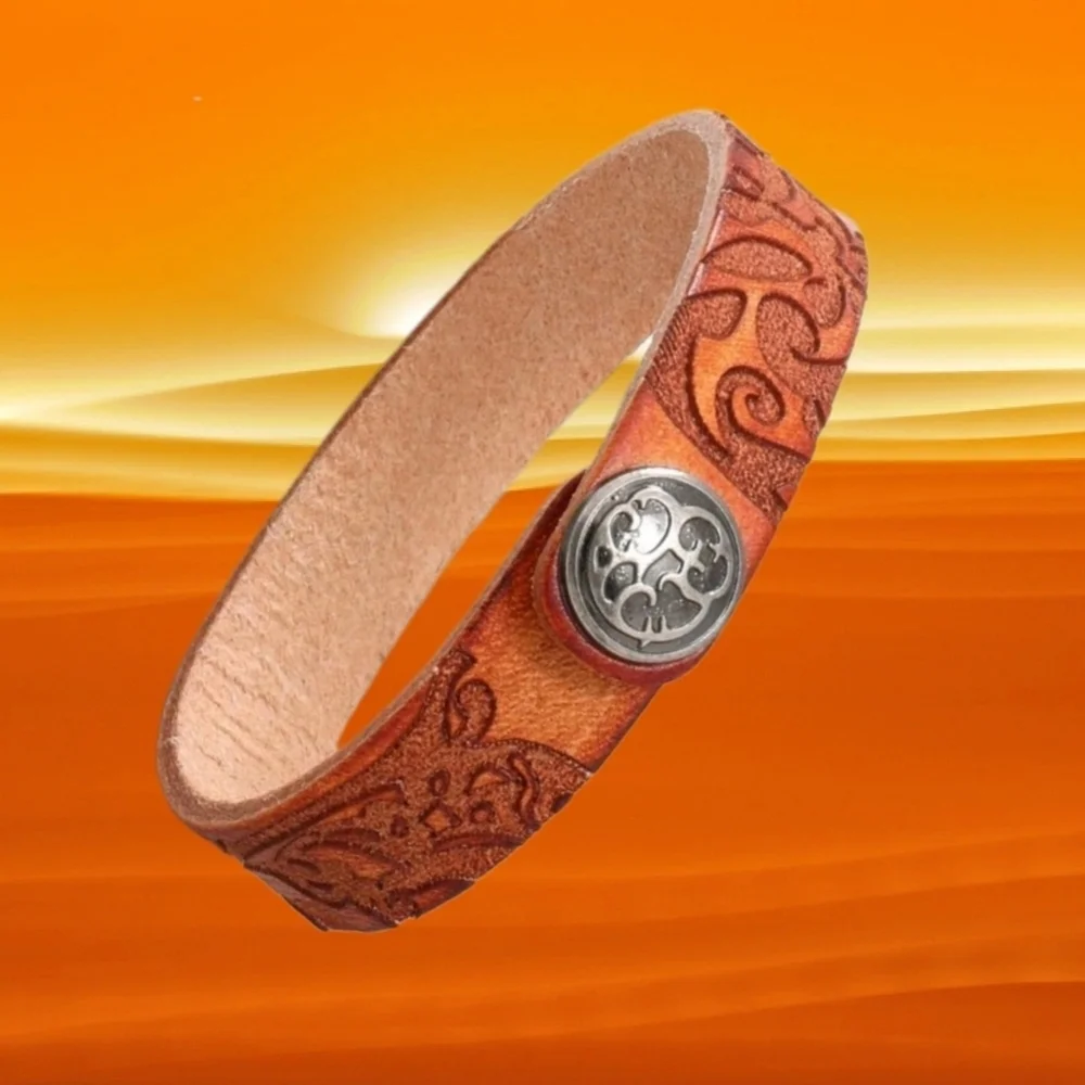 Southwestern Genuine Leather Bracelet Western Rustic Orange Snap Closure